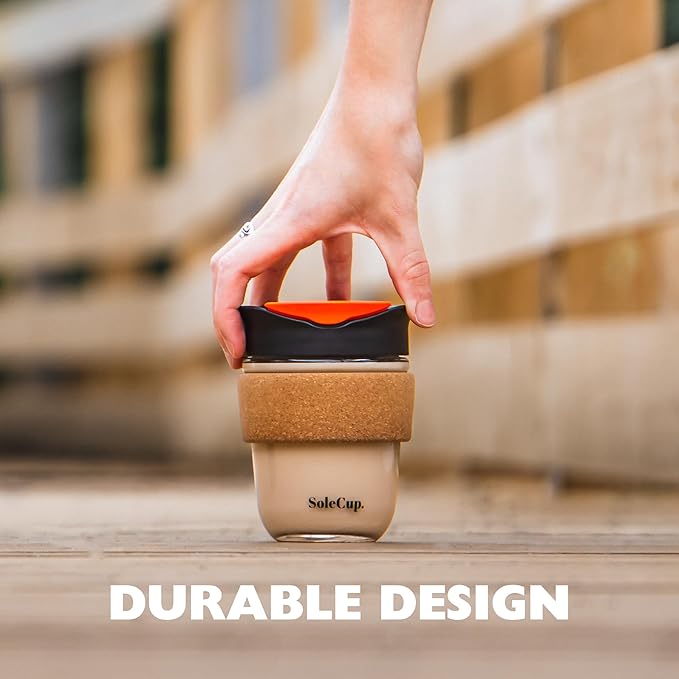 Reusable Strengthened Glass Travel Cup - Spill Proof Insulated Coffee Mug - 12oz/340ml BPA-Free Hot Drink Travel Mug with Lid & Cork Band (Red)