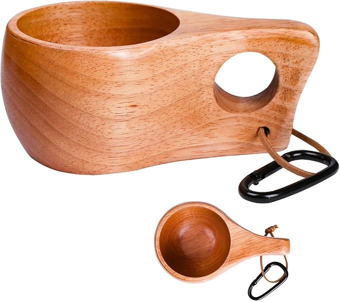 Kuksa Camping Mug Wooden Bushcraft Handcarved Cup, Nordic Style Coffee & Hiking Kuksa, Rubber Wood with Single Hole, 7.1 oz., 6.3" x 3.8" x 2.6"