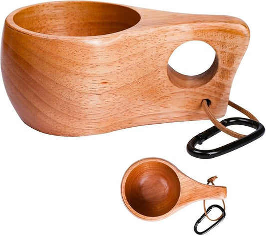 Kuksa Camping Mug Wooden Bushcraft Handcarved Cup, Nordic Style Coffee & Hiking Kuksa, Rubber Wood with Single Hole, 7.1 oz., 6.3" x 3.8" x 2.6"