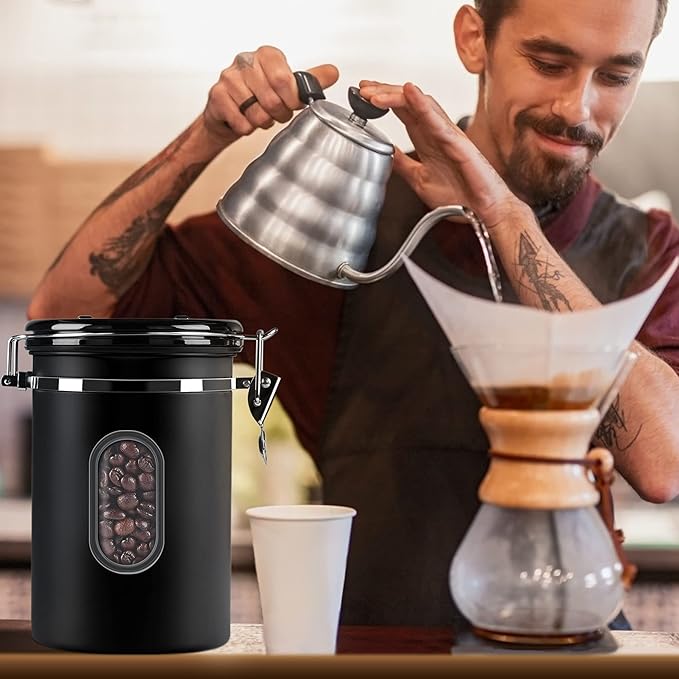 1800ML Airtight Coffee Canister with Date Tracker&Transparent Window, 22.8OZ Coffee Container with 30ML Measure Spoon&4 co2 Valve, Coffee Bean Storage Container for Grounds Coffee, Beans, Tea(Black)