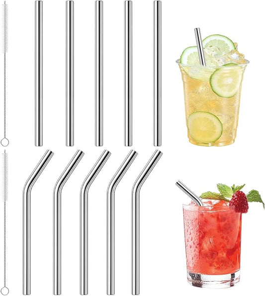 10 Pcs Short Metal Straws, 6 in x 8 mm Metal Straws Reusable Stainless Steel Straws 5 Straight 5 Bent with 2 Cleaning Brush, Reusable Short Drinking Straw for Cocktail Coffee Mugs Small Glasses Cups