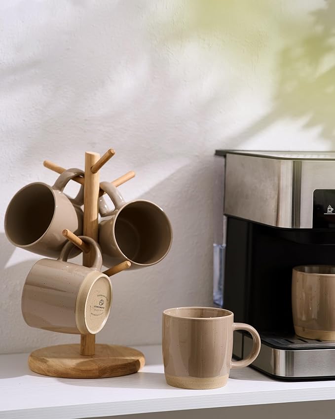 famiware Coffee Mugs for 6, 13 oz Mug Set, Dringking Cup with Handle for Coffee, Tea, Cocoa, Milk, Milkyway serise, White+Cinnamon Brown