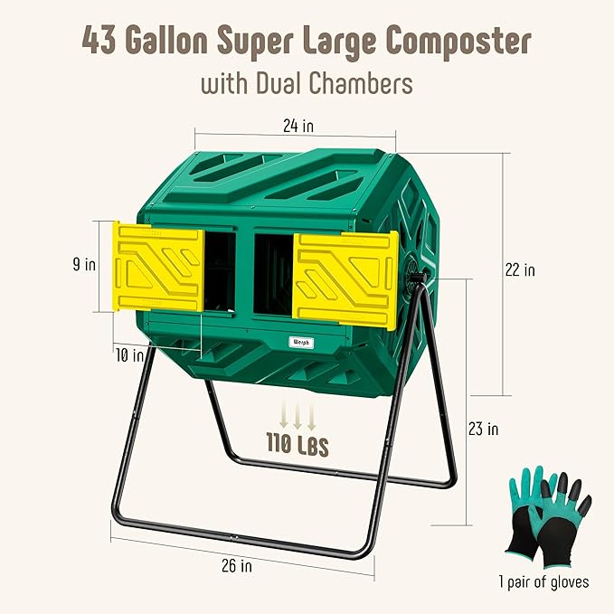 43 Gallon Compost Bin with Gloves, Fast Assembly & Easy Setup Outdoor Compost Tumbler, Updated Dual Chamber Tumbling Composter for Garden, Kitchen, and Yard Waste, Green