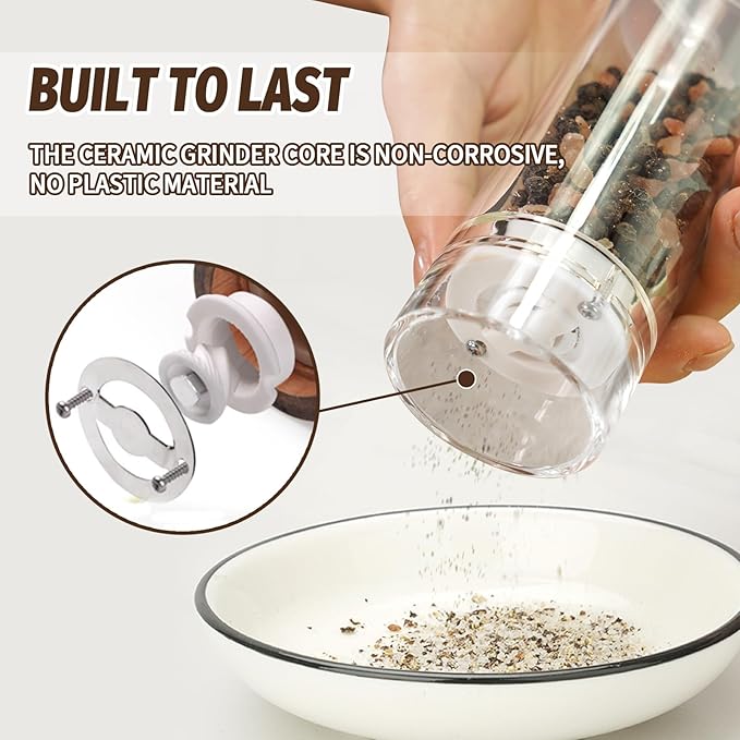 Acrylic Pepper Grinder Mill, Salt and Pepper Shaker Salt Grinder Pepper Mill, Refillable with Adjustable Coarseness Ceramic Rotor (5-inch)