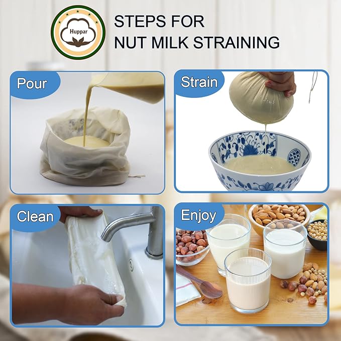 6 Pack 14"x14" Nut Milk Bags - 100% Unbleached Cotton, Food Strainer, Reusable Cheesecloth,Straining Almond/Oat/Soy Milk, Cold Brew Coffee, Cloth Bag for Cheese/Yogurt/Juice/Tea/Wine/Soup/Herbs