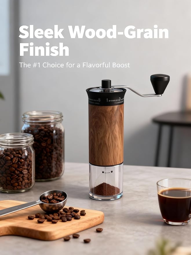 LAMIDO Mini Manual Coffee Grinder - 56 External Grind Settings, Stainless Steel Body & Crank, Ceramic Burr, Portable Hand Grinder for Travel, Camping, Home Brewing - Wood Grain