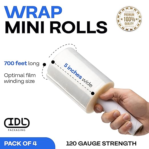 IDL Packaging 5" Stretch Wrap Mini Roll, 700 feet, 120 Gauge (Pack of 4) with an Extended Cardboard Handle – Industrial Grade Clear Plastic Wrap – Improved Protection for Packing, Moving, and Office