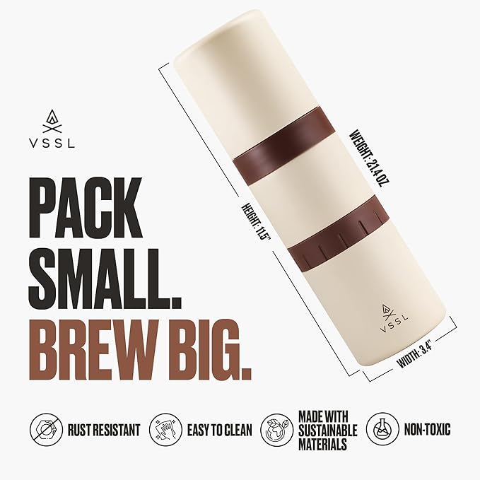 VSSL - Nest Pour Over Coffee Kit + Java G25 Bean Grinder Bundle | Coffee for Camping | Pour Over Dripper | Two 10oz Stainless Steel Travel Mugs | Cream/Bronze