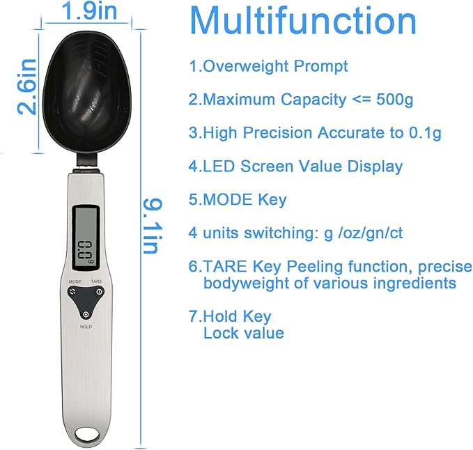 3T6B Kitchen Digital Measuring Spoon Food Scale Digital Multi-Function Small Digital Spoon Scale, Weight from 0.1 Grams to 500 Grams Support Unit g/oz/gn/ct (with 2 AAA Batteries)-LCD Display