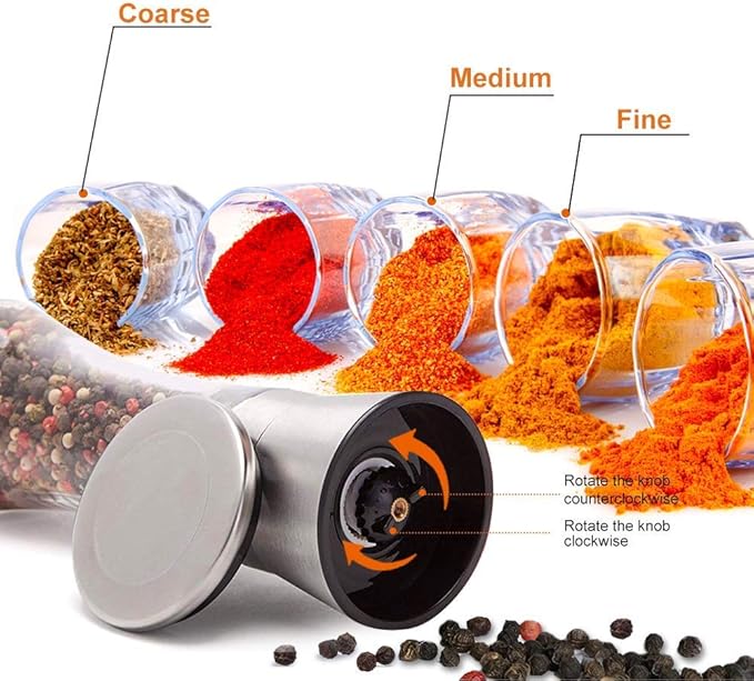 Salt and Pepper Grinder Tall Size - Black Pepper,Herb Shakers Mill Refillable Manual - Stainless Steel Lid - Adjustable Coarseness - Glass Material- Fits in Home,Kitchen,Barbecue