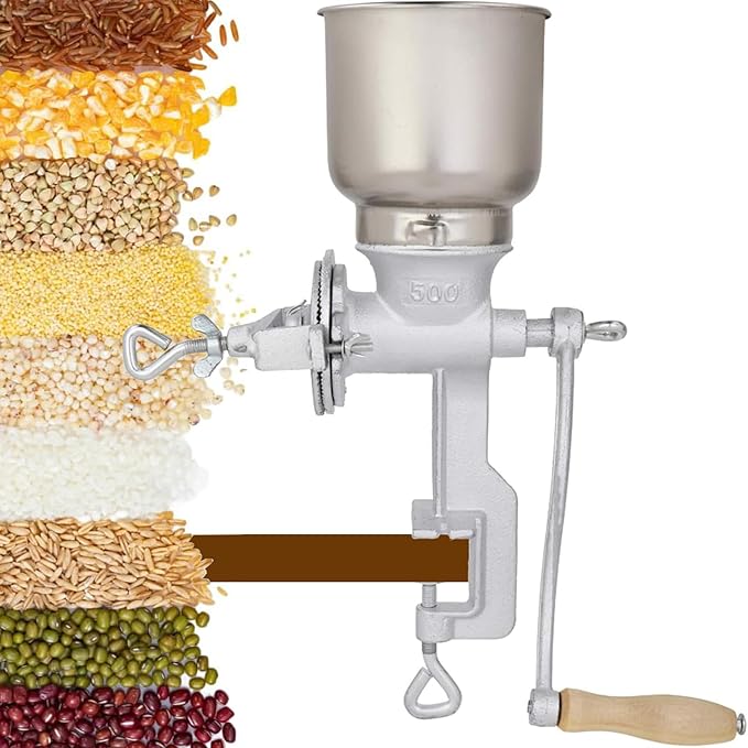 Hand-Crank Grain Mill, High Hopper Cast Iron Manual Grain Mill with Desktop Clip System, Heavy-Duty Grain Grinder, Coffee Grinder - Dry & Wet Grinding for Wheat, Grain