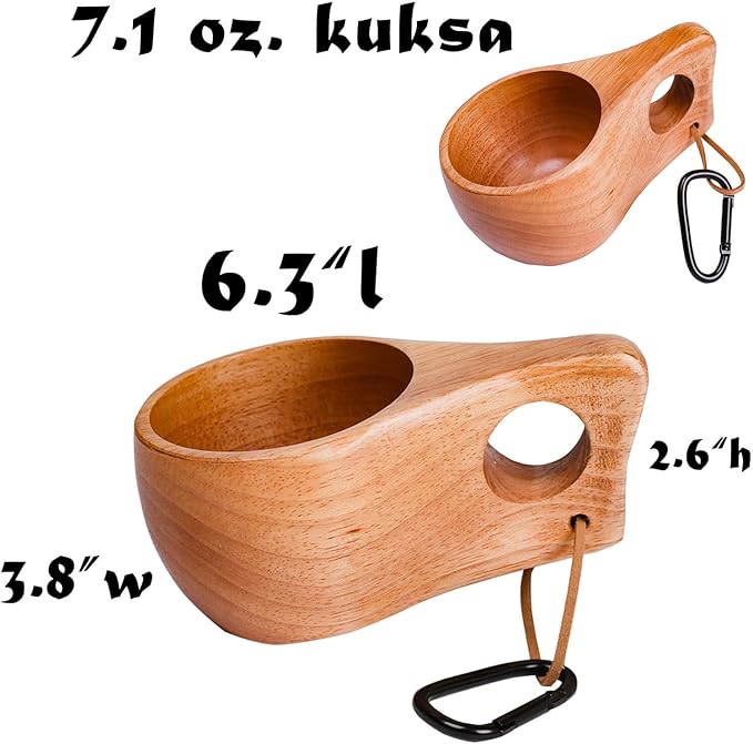 Kuksa Camping Mug Wooden Bushcraft Handcarved Cup, Nordic Style Coffee & Hiking Kuksa, Rubber Wood with Single Hole, 7.1 oz., 6.3" x 3.8" x 2.6"