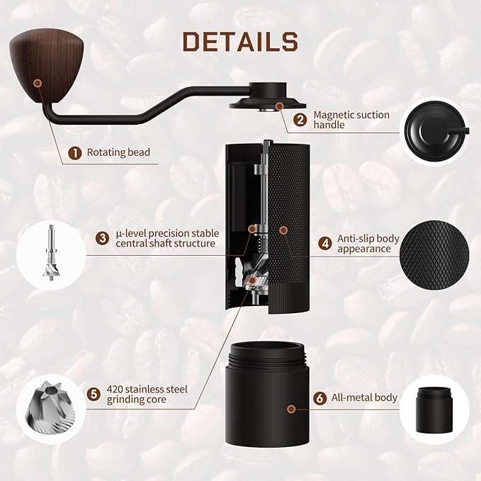 MAVO Manual Coffee Grinder, Wizard Hand Coffee Grinder, Capacity 25g with CNC Stainless Steel Hexagonal Conical Burr, Adjustable Setting, Burr Coffee Bean Grinder for French Press, Pour Over, Silver