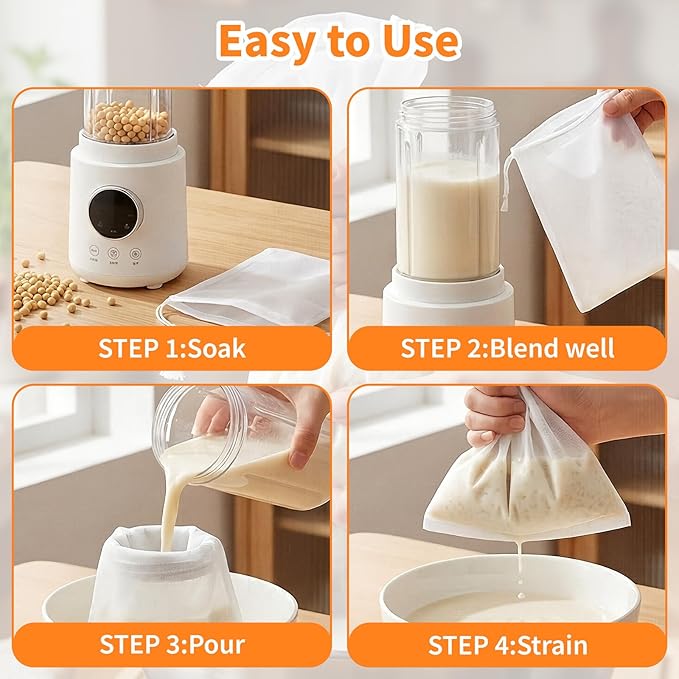 6 Pcs Nut Milk Bag Reusable, Dual Mesh Sizes (100 & 200) Nylon Strainer Bags for Almond Milk, Cold Brew Coffee, Juice, Tofu - 5.9x7.87 Inch Cheese Cloth Bags for Kitchen Straining