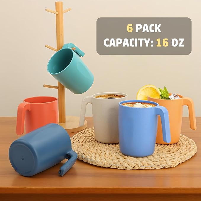 Wheat Straw Coffee Mugs Set of 6, Plastic Coffee Mugs 16 OZ, Microwave and Dishwahser Safe Plastic Cups with Handles, Unbreakable coffee Mugs for Camping, Tea, Kitchen, RV - Multicolor