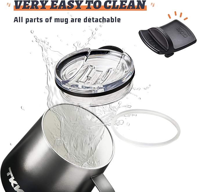 TKK 12 oz Insulated Coffee Mug with Handle Ceramic Coating Detachable Slider Lid Stainless Steel Tumbler Double Wall Vacuum Travel Cup