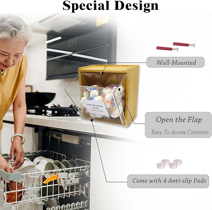 Laundry Pods Container, Acrylic Wall Mounted Organizer with Extra Labels, Candy Dispenser Coffee Pod Holder Dishwasher Pods Case for Home,Kitchen, Office, Bamboo