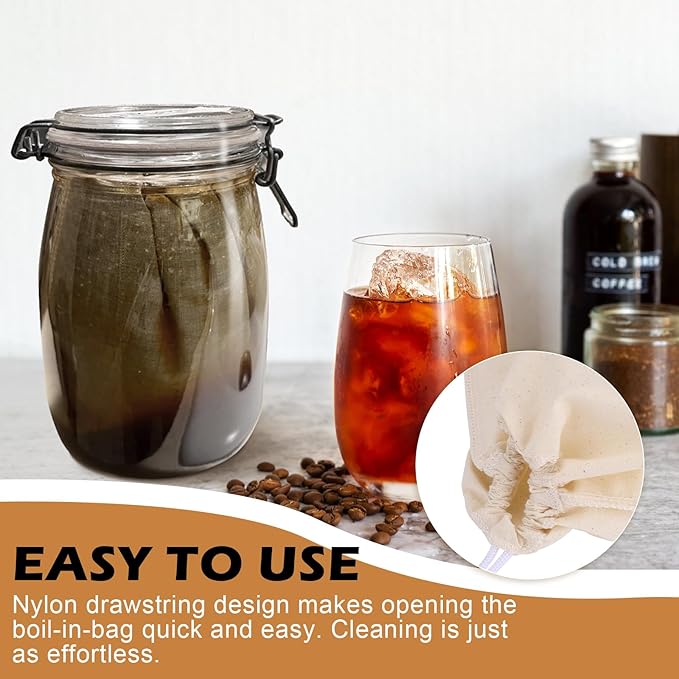 Reusable Cold Brew Coffee Bags, 100% organic cotton cold brew coffee filter bags, Mason Jar Cold Brew Bags, Washable Coffee Filter Pouch, Large 12"x8", 3 Pack, Beige