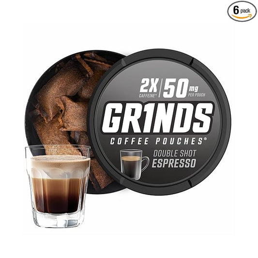Grinds Coffee Pouches | Tobacco Free, Nicotine Free Healthy Alternative | 6 Cans of Double Shot Espresso | 18 Pouches Per Can | 2x Caffeine 1 Pouch eq. 1/2 Cup of Coffee