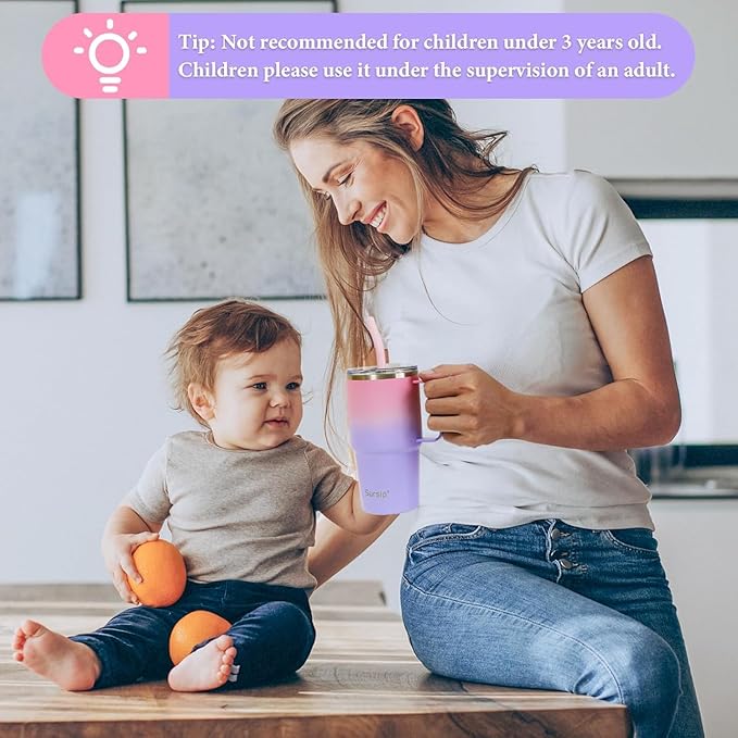 Sursip Kids 24 oz Insulated Cup with Handle, Double Wall Vacuum Stainless Steel Tumbler with Straw and 2 Lids, For Cold/Hot Drinks, Coffee Travel Mug for Car/Home/Office/Party/Camping (2 Pack)