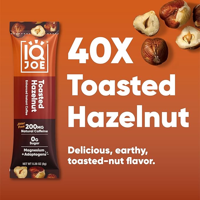 IQJOE Mushroom Coffee Packets (40 Servings) Lion’s Mane, Magtein Magnesium, Antioxidants, Adaptogens - Toasted Hazelnut - Instant Coffee for Focus, Clarity, Mood, Energy Boost - Sugar Free, Vegan