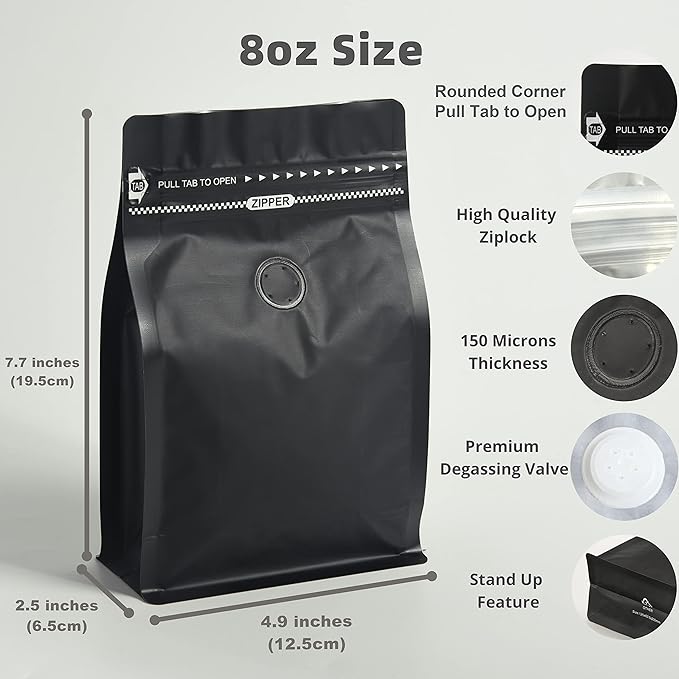 100 Count ½ LB Black Color Foil Coffee Bags with Degassing Valve, High Barrier Aluminum Foil - Flat Bottom Coffee Pouches, Food Storage Bags with Rsealable Zipper & Easy Open Tape (Pack of 100,