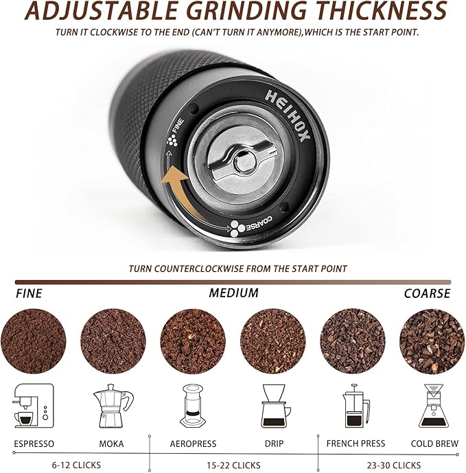 Manual Coffee Grinder - HEIHOX Hand with Adjustable Conical Stainless Steel Burr Mill, Capacity 30g Portable Mill Faster Grinding Efficiency Espresso to Coarse for Office, Home, Camping
