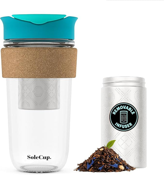 Large Travel Mug Loose Tea Infuser - Detachable Tea Strainer with Spill Proof Lid - 18oz/530ml BPA-Free Reusable Glass Travel Coffee Cup with Cork Band (Blue)