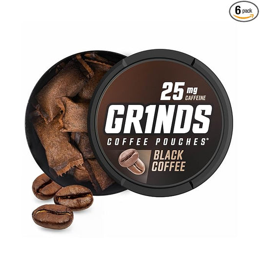 Grinds Coffee Pouches | Free, Nicotine Free clean energy option | 6 Cans of Black Coffee | 18 Pouches Per Can | 1 Pouch eq. 1/4 Cup of Coffee (Black Coffee)