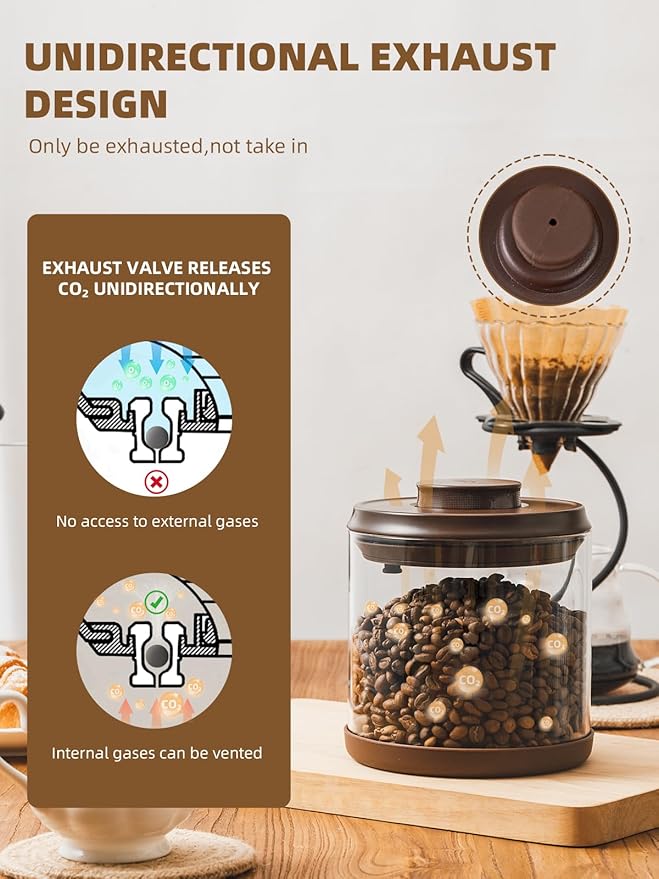 Airtight Coffee Canister, 14 oz Borosilicate Glass Coffee Bean Storage Container with Pop Lid, CO2 Releasing Valve for Grounds Coffee, Beans, Sugar, 1200ml