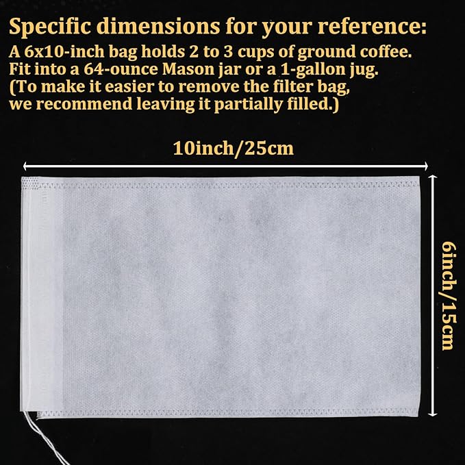 50 PCS Cold Brew Bags 6x10 Inch, No Mess Cold Brew Coffee Filter Bags Fine Mesh Brewing Drawstring Pouches Large Empty Tea Bag for Loose Leaf Tea, Iced Coffee, Pice, Home Brewing