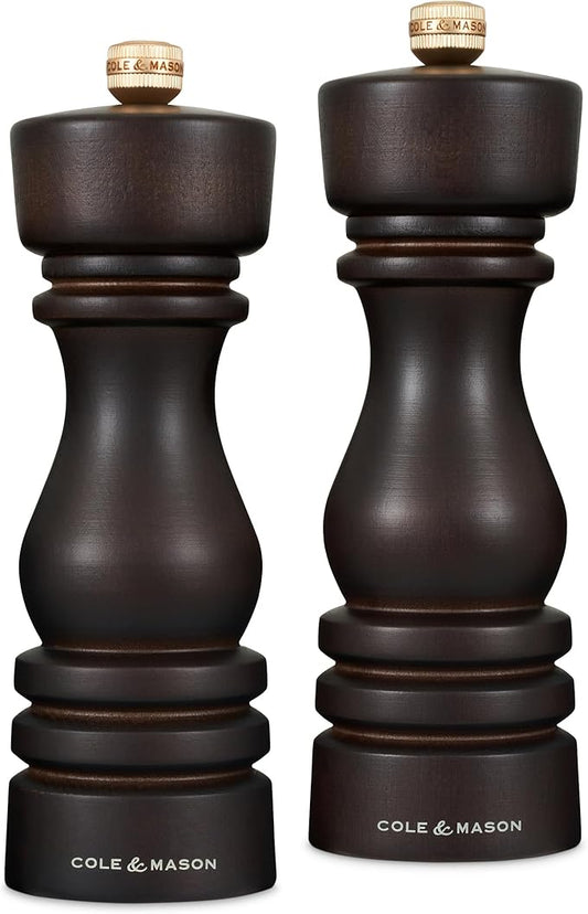 Cole & Mason London Refillable Spice Mill - Kitchen & Home Accessory - Salt & Pepper Grinder Set - Salt Mill with Ceramic Mechanism - Pepper Mill with Carbon Steel Mechanism - 7", Chocolate Wood