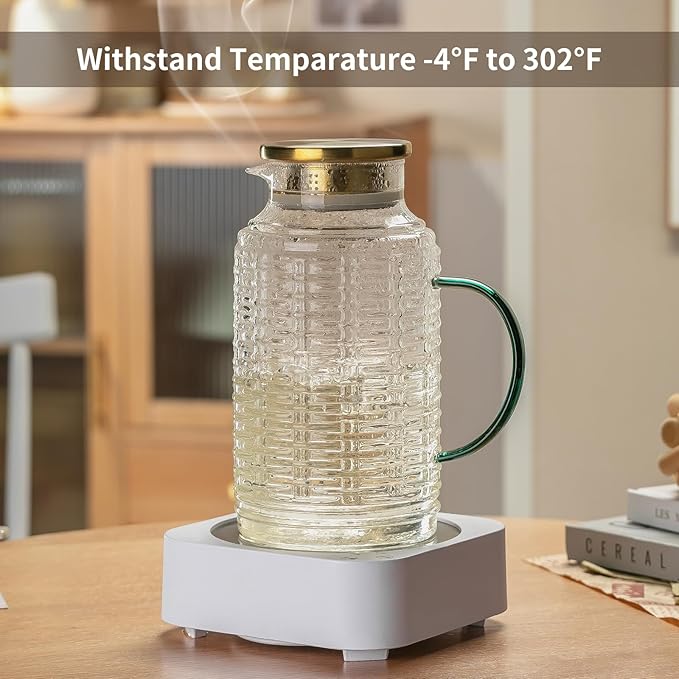 Glass Pitcher with Lid, 68 oz/2 Liter Vintage Water Pitcher, Clear Borosilicate Glass Water Carafe for Cold Brew, Coffee, Lemonade, Iced Tea,Beverage, Heat Resistant Water Glass Jug