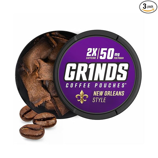 Grinds Coffee Pouches | Free, Nicotine Free clean energy option | 3 Cans of New Orleans | Made in the USA | 18 Pouches Per Can | 2x Caffeine 1 Pouch eq. 1/2 Cup of Coffee (New Orleans)