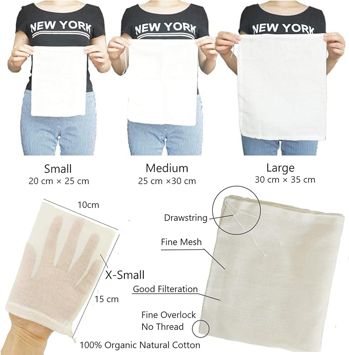 AUXIN Nut Milk Bags, 100% Cotton Cheesecloth Bags, Yogurt/Coffee/Tea Strainer, Reusable Almond/Oat Milk, Juice, Cold Brew Coffee, Food Grade, Reusable Washable Strainer (Mixed Size, 5 Pack)