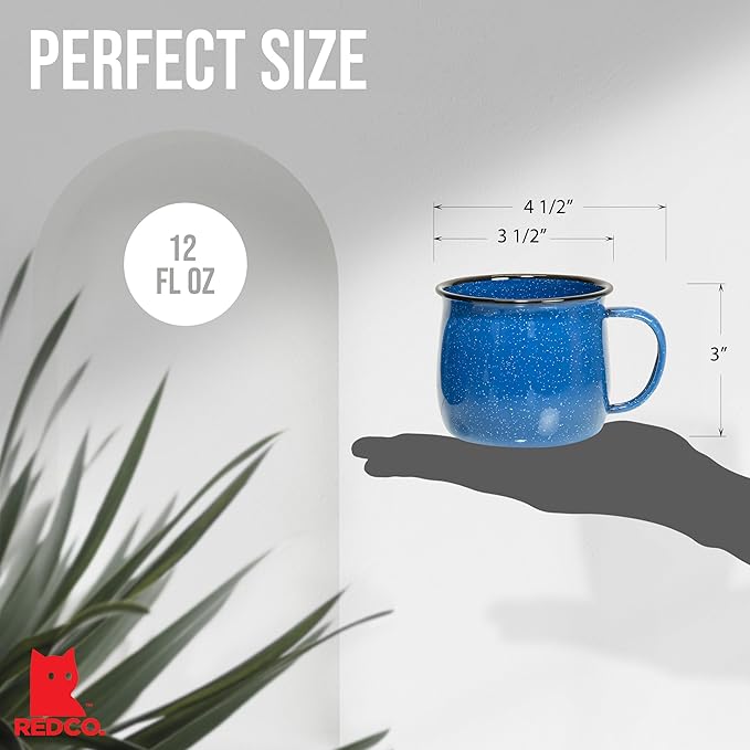 Red Co. Set of 4 Enamelware Metal 12 Oz Round Camping Coffee Mugs with Handle, White-Speckled Blue/Black Rim