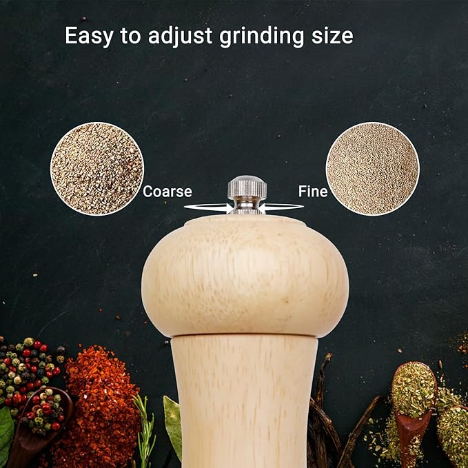 ManGotree Wooden Pepper Grinder, Adjustable Coarseness Pepper Mill, Refillable Manual Salt Grinder, Oak Wood Pepper Grinder Mill for Kitchen, 8 Inch (Natural)