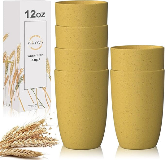 Wheat Straw Cups 6 PCS Good Alternative to Plastic Reusable Cups 12 oz Unbreakable Drinking Cup Reusable Dishwasher Safe Water Plastic Glasses Yellow