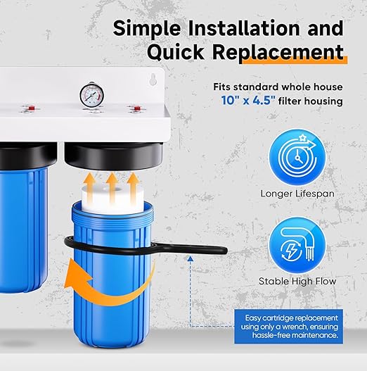 PUREPLUS 2-Stage Whole House Water Filtration System, 10" x 4.5" Universal Housing, NSF/ANSI 42 Certified Sediment & Carbon Block Filters, 1" Inlet/Outlet, Includes External Pressure Gauges