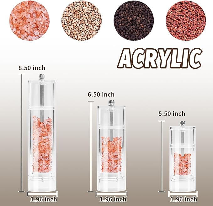Acrylic Pepper Grinder Mill, Salt and Pepper Shaker Salt Grinder Pepper Mill, Refillable with Adjustable Coarseness Ceramic Rotor (5-inch)