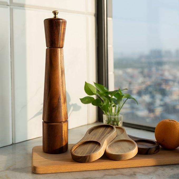 Pepper Grinder, Pepper Mill with Adjustable Stainless Steel, Acacia Wood, 32 cm / 12 inch Height, Bottom Dia: 6 cm, Upper Dia: 5.5 cm (Tray is NOT Included)