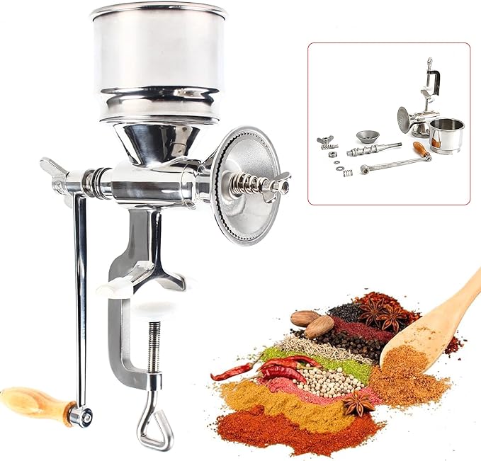 Grain Grinder, Portable Hand Crank Grain Mill, 304 Stainless Steel Wheat Grinder with Handle, Professional Manual Coffee Mill for Coffee Nut Malt Oats Corn