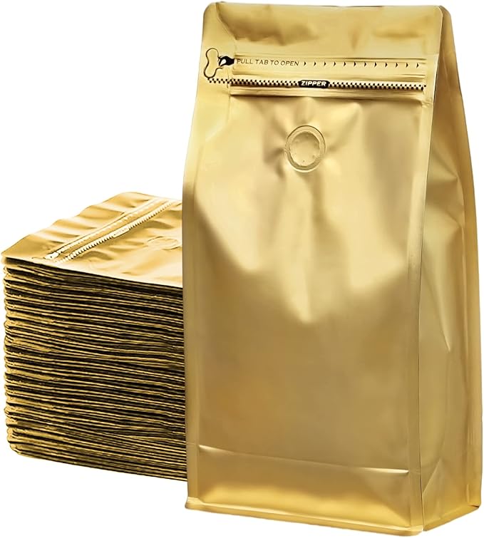 Coffee Bags with Valve(12 oz,3/4 lb,100pcs) Gold High Barrier Aluminumed Foil Flat Bottom Heat Sealed Coffee Beans Packaging Bags Side Zipper Resealable Bags for Home or Business