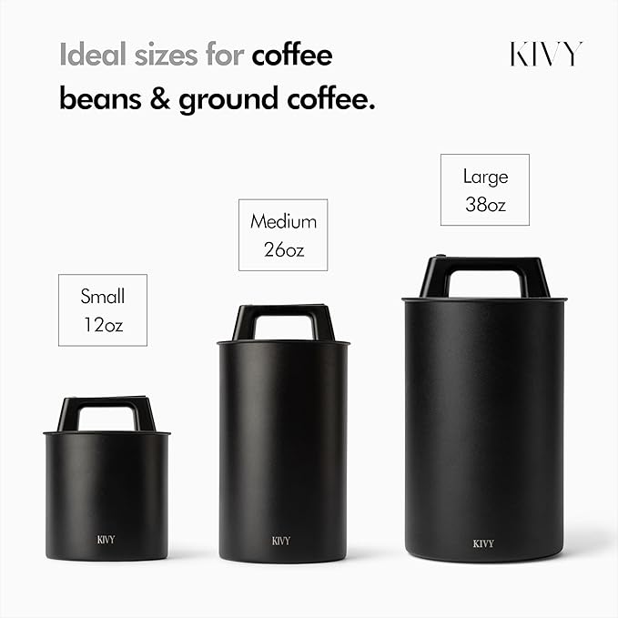 KIVY Vacuum Coffee Canister - Push Lid Preserves Coffee Aroma & Oil - Stainless Steel Airtight Coffee Canister - Container for Ground & Coffee Bean Storage - Coffee Storage Jar - Removes Excess Air