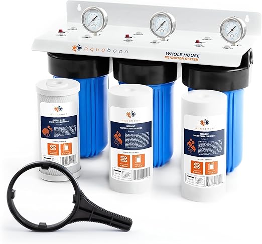 Aquaboon 3-Stage Whole House Water Filter System with 5 Micron 10x4.5 House Water Purification 2 Reducing Sediment and Carbon Chlorine Reduction Filter, Pressure Gauge, Wrench, Bracket