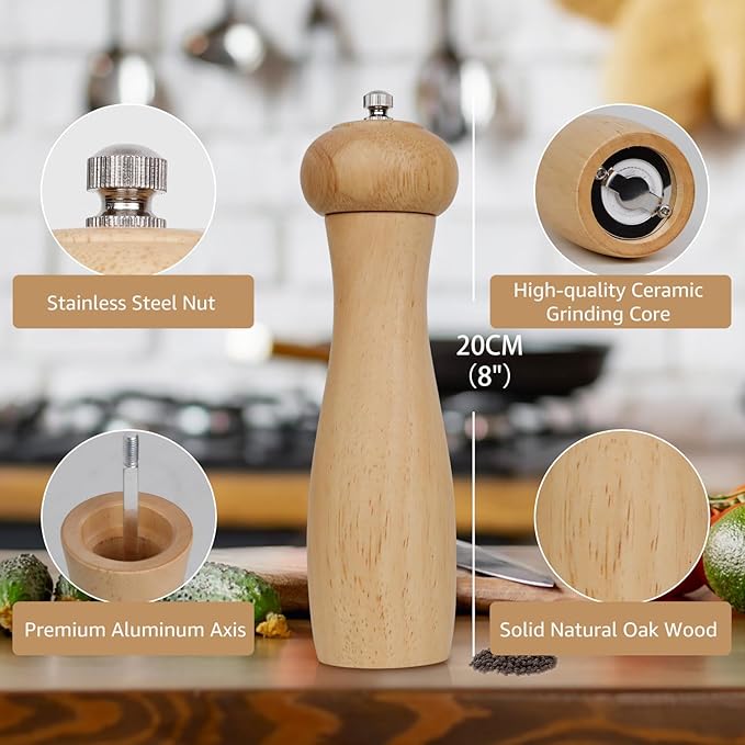 ManGotree Wooden Pepper Grinder, Adjustable Coarseness Pepper Mill, Refillable Manual Salt Grinder, Oak Wood Pepper Grinder Mill for Kitchen, 8 Inch (Natural)