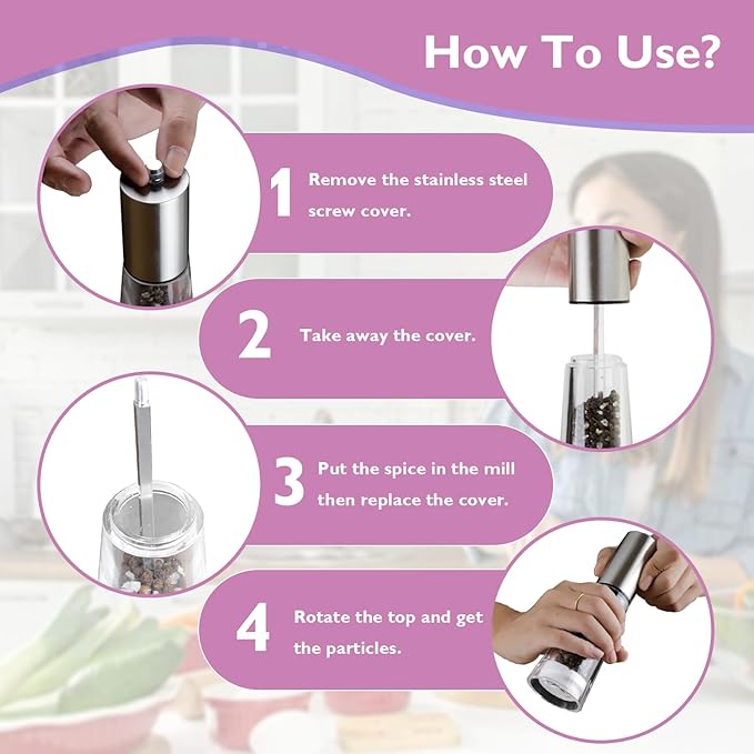 Stainless Pepper Grinder, 7.5 Inch Refillable Manual Salt Grinder with Adjustable Coarseness Pepper Mill, Oak Wood Salt and Pepper Grinder Mill for Cooking - Sliver