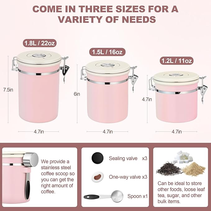 ShanSon Coffee Canister Airtight Coffee Container Stainless Steel Coffee Bean Storage Container with Scoop Coffee Canister for Beans Grounds Sugar Flour Tea Cereal,16OZ, Pink