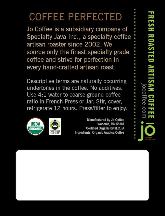 STONE COLD JO: 12 oz, Cold Brew Coffee Blend, Dark Roast, Whole Bean Organic Coffee, Low Acidity, Great Brewed Hot Too, USDA Certified Organic, Fair Trade Certified, NON-GMO