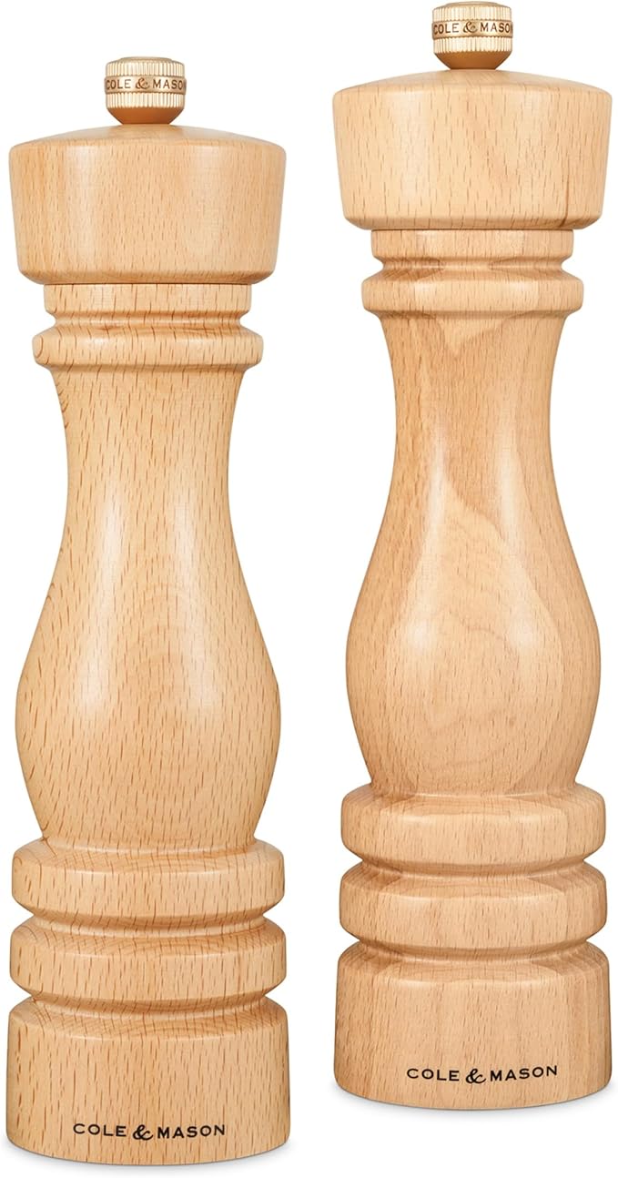 Cole & Mason London Refillable Spice Mill - Kitchen & Home Accessory - Salt & Pepper Grinder Set - Salt Mill with Ceramic Mechanism - Pepper Mill with Carbon Steel Mechanism - 8", Natural Beech